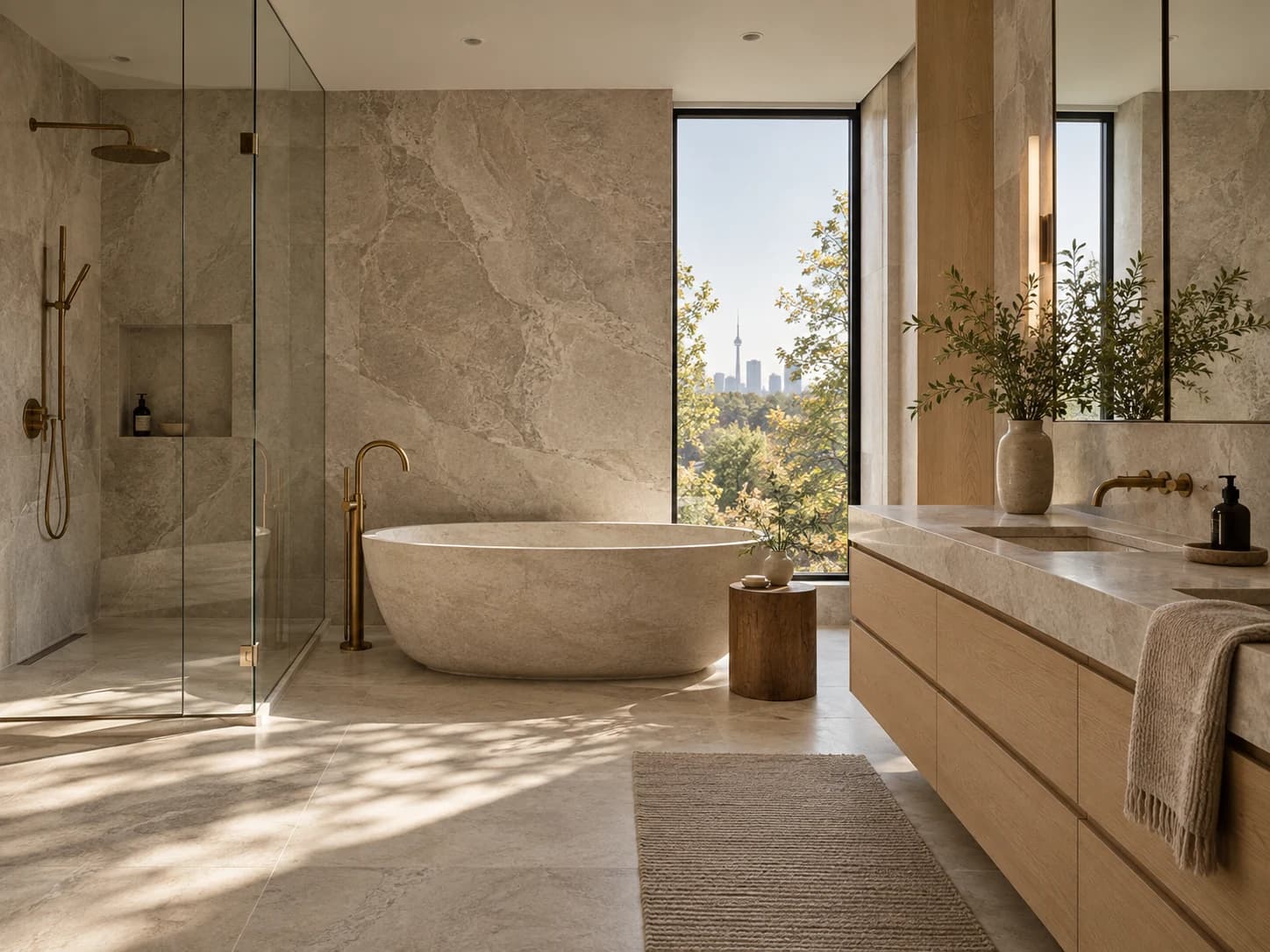 Concept visualization of a light stone bathroom