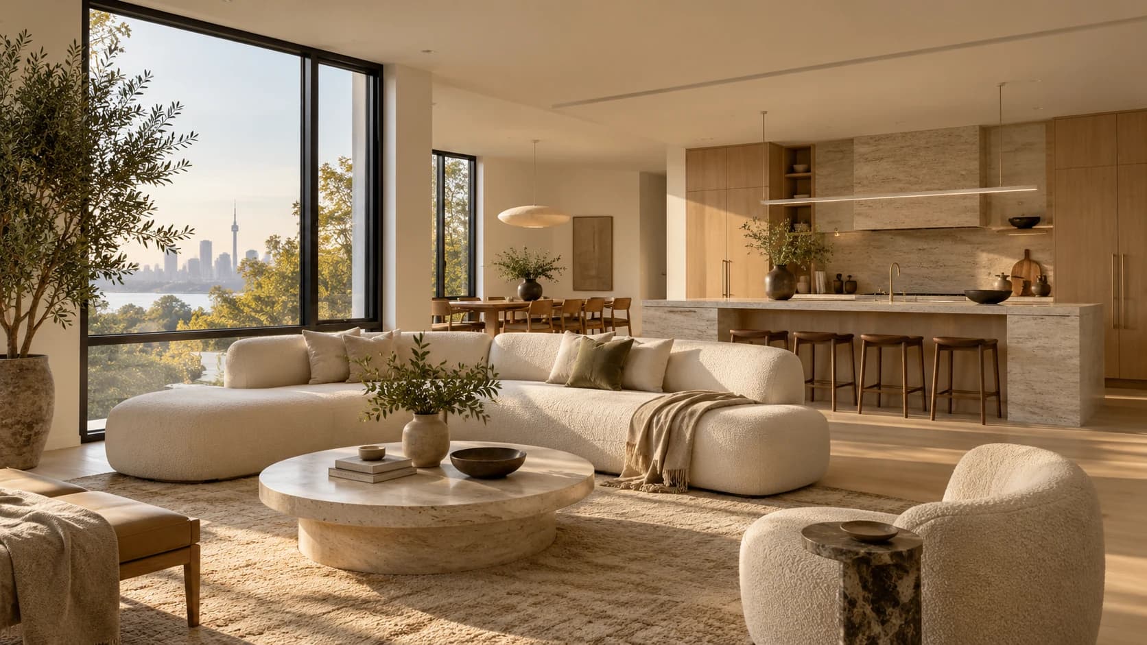 Warm contemporary living room opening into a renovated kitchen
