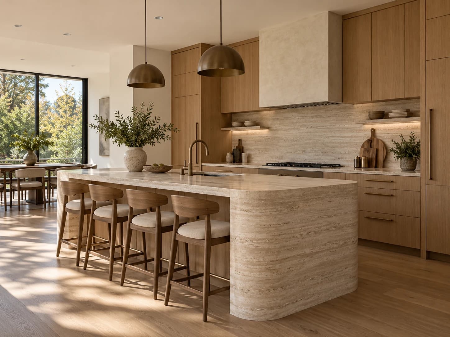 Concept visualization of a warm oak and stone kitchen